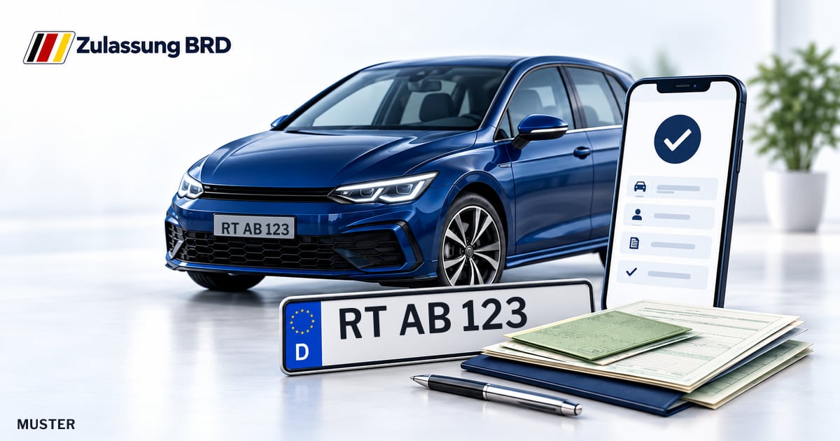 Online Fahrzeugzulassung in Metzingen: Musterkennzeichen RT AB 123, Auto und Fahrzeugpapiere und Smartphone. Illustration mit Logo von Zulassung BRD.
